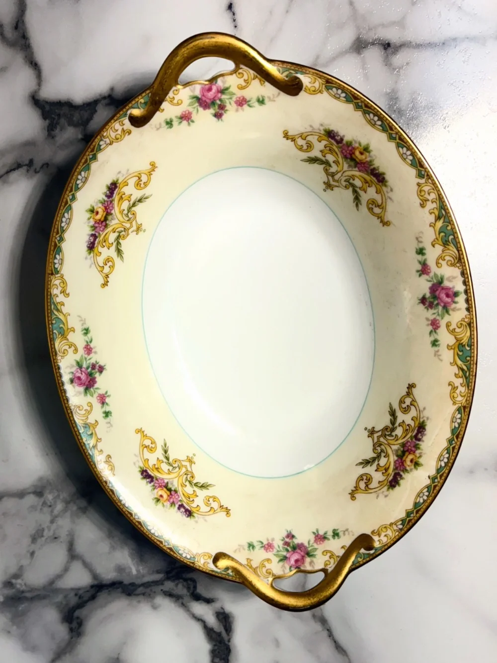 Vintage Floral Gold-Trim Serving Bowl - Cream and Pink